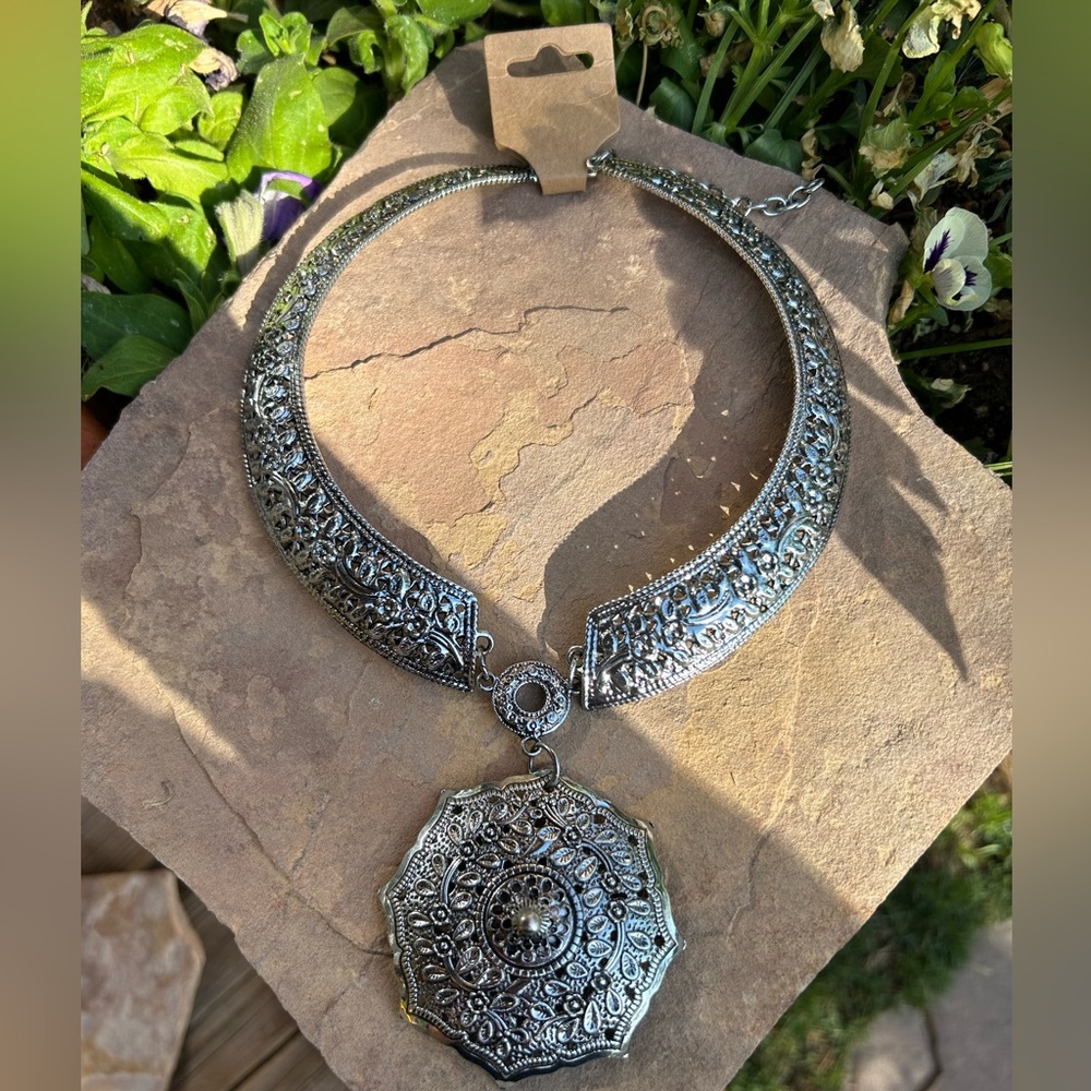 Statement Mayan Silvertone Design Necklace NWT